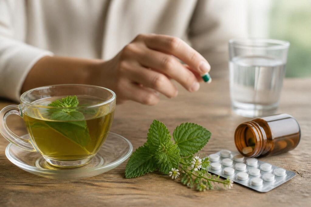 Melisa çayı ilaç etkileşimi: fincan melisa çayı ve ilaç kutusu